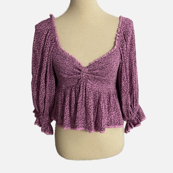 Free People Brittnee Print Smocked Peplum Top Purple Small Floral Smocked - Picture 2 of 11